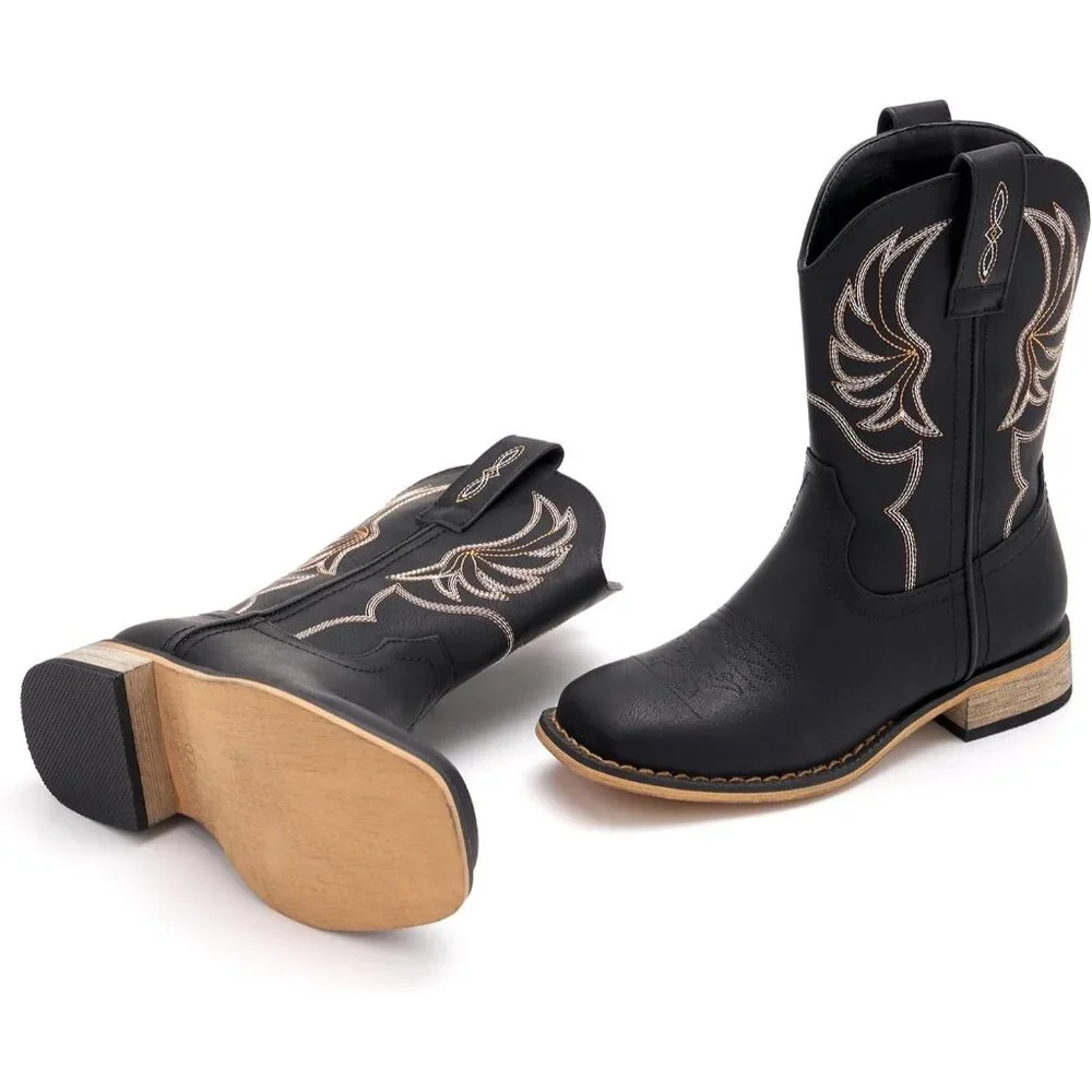 ⚡Girls Black Embroidered Cowgirl Boots Western Square Toe Mid Calf Riding Shoes